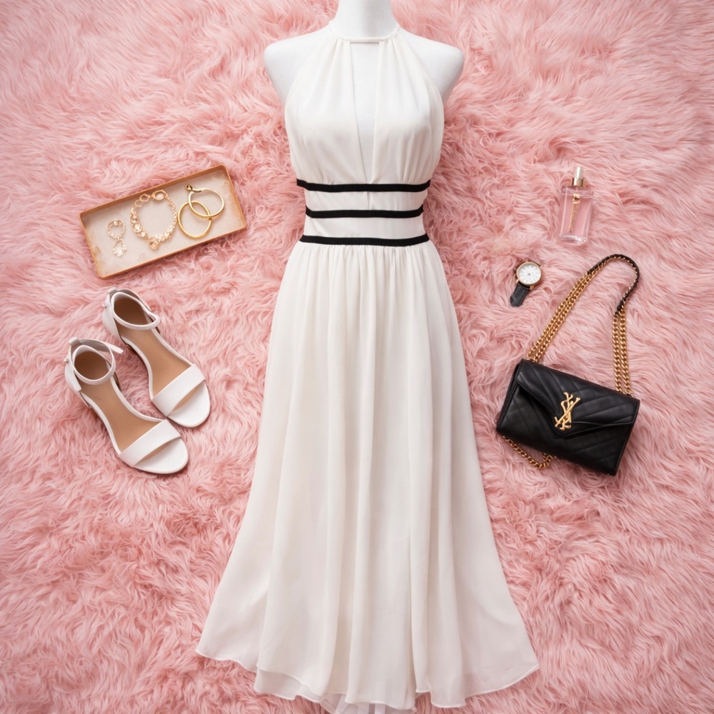 Express White and Black Halter Cut Out Maxi Dress | Open Side Detail | Size SM